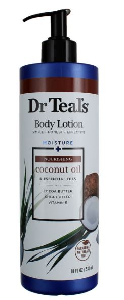 A pump bottle of Dr Teal's body lotion with coconut oil, predominantly white and blue packaging with images of coconuts and palm leaves.